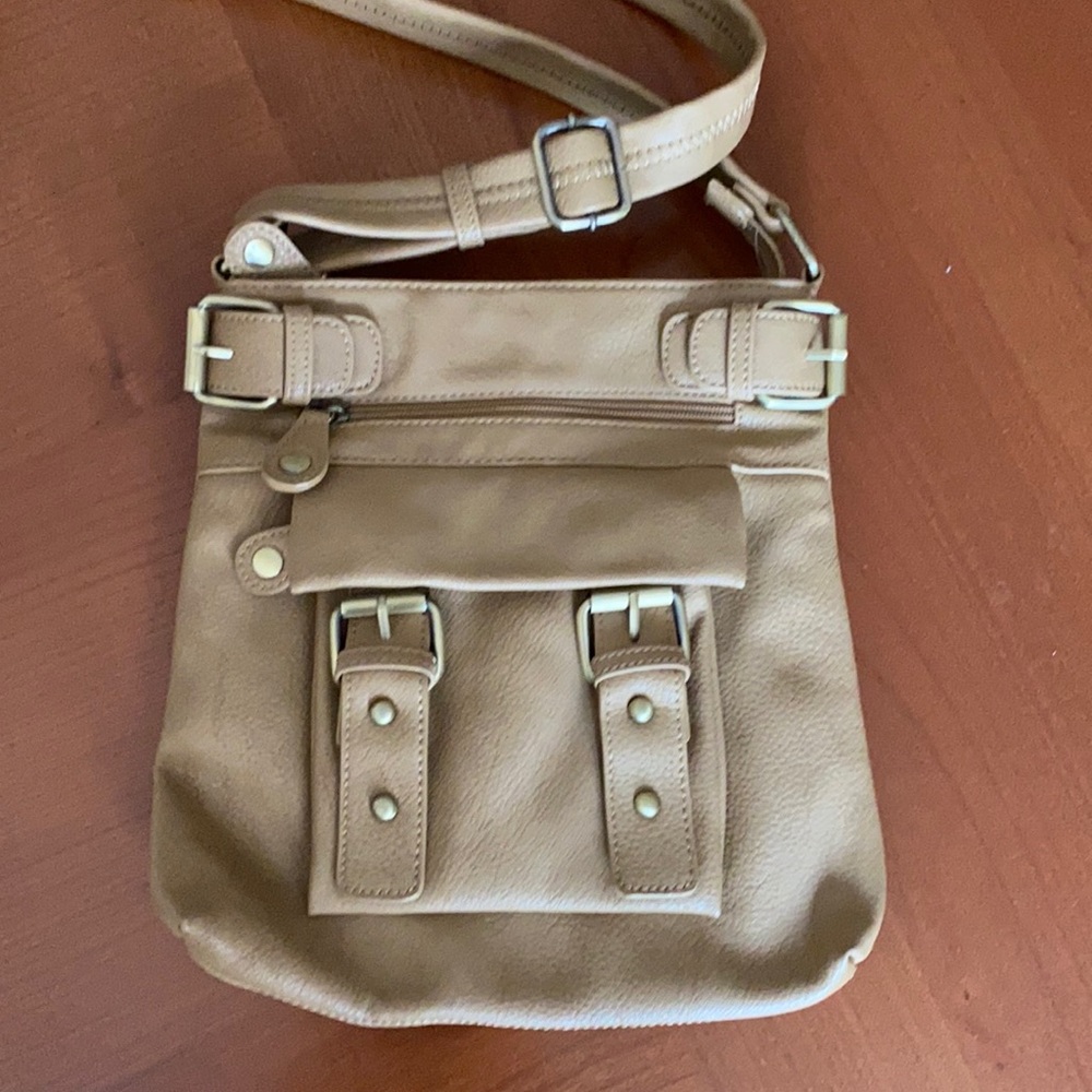 Camel over the shoulder purse. Gold hardware.